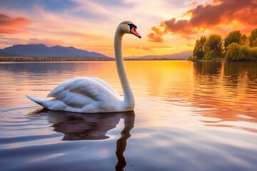 Fototapeta premium Calm Nature Scene Depicts Stunning White Swan In Lake