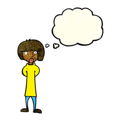 cartoon curious woman with thought bubble