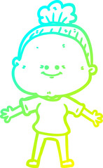 cold gradient line drawing of a cartoon happy old woman