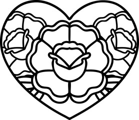 tattoo in black line style of a heart and flowers