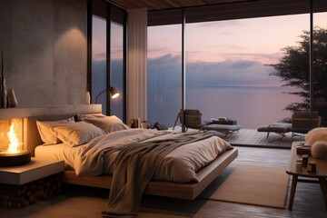 Fototapeta premium Cozy Bedroom Scene Tranquil Setting With View