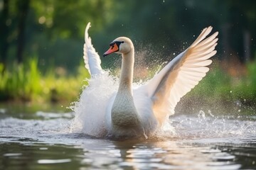 Cute Swan Happily Playing Outdoors. Сoncept Nature-Themed Photoshoot, Boho-Inspired Portraits, Dreamy Sunset Vibes, Fun With Bubbles, Golden Hour Magic