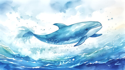watercolor painting of cute whale in the ocean background