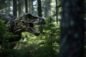Frightening Dinosaur Lurking In Forest. Сoncept Epic Adventure, Mysterious Encounters, Thrilling...