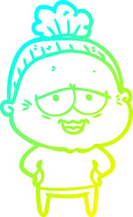 cold gradient line drawing of a cartoon happy old lady