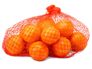 Tangerines in a red mesh bag isolated on transparent or white background, png