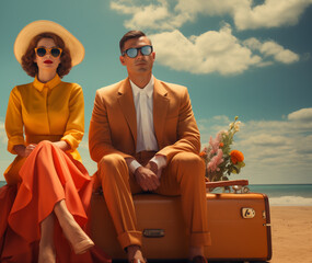 A man and a woman wearing elegant clothes and sunglasses seated on their luggage on the beach. Behind them a bouquet of flowers and the sea under the radiant sun. Made with Generative AI.
