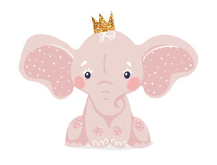 Pink baby elephant wearing a crown, nursery character, cute animal in flat cartoon style isolated on white background.