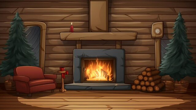 Lofi music concept, cozy fireplace lit in the wooden cabin. cartoon illustration style. seamless looping time-lapse virtual 4k video animation background. Generative AI