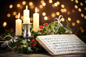 Music Sheet With Mistletoe And Candles Before Carol Service