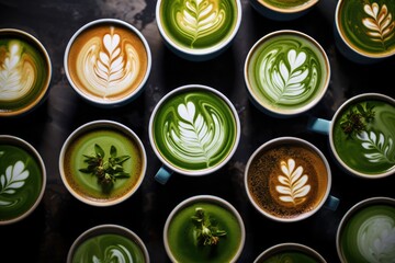 Multiple Cups Showcasing Green Cappuccino Art. Сoncept Macro Flower Photography, Dramatic Landscape Shots, Candid Street Photography, Minimalist Architecture, Food Styling And Photography
