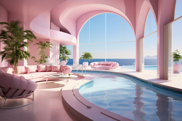 Obraz na płótnie Canvas A modern design pink house with a swimming pool patio, villa, luxurious mansion exterior, AI generative.