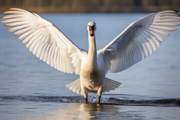 Swan Gracefully Glides With Wings Wide Open
