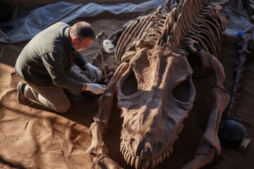 Top View Of Paleontologist Meticulously Cleaning Trex Skeleton - obrazy, fototapety, plakaty