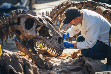 Top View Of Paleontologist Meticulously Cleaning Trex Skeleton. Сoncept Fascinating Fossils,...