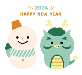 辰年のかわいいキャラクターと雪だるまの年賀状イラスト