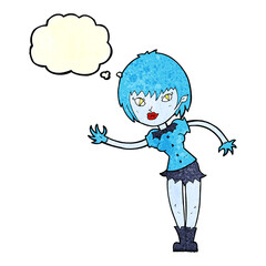 cartoon vampire girl welcoming with thought bubble