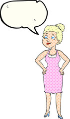 freehand drawn comic book speech bubble cartoon woman wearing dress