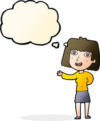 cartoon friendly woman waving with thought bubble