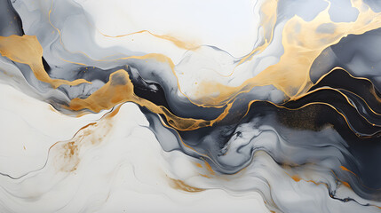 Golden Shimmery Trails: Grey and Black Alcohol Ink on Marble Background, Hand Edited Generative AI