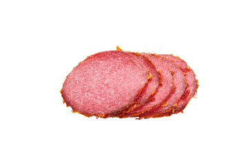 Salami sausage slices and leaf green basil isolated on white background. Few pieces or several slices. High resolution image. Can be used for self-design.