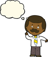 cartoon newsreader man with idea with thought bubble