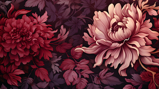 Abstract background in damask flowers pattern with and maroon color family 