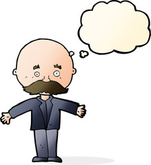 cartoon bald man with open arms with thought bubble