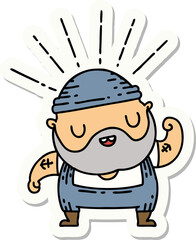 sticker of a tattoo style bearded man flexing bicep