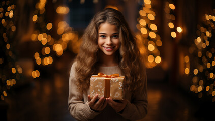 Girl holding a gift box on Christmas Day. Generative AI