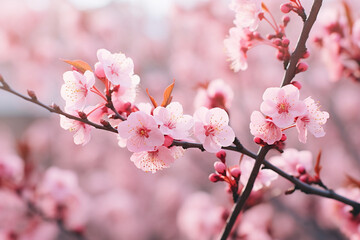 Obraz premium Beautiful pink flowers blooming on the branches of a cherry blossom tree created with Generative Ai