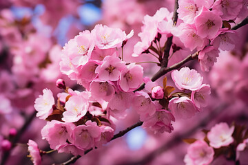 Obraz premium Beautiful pink flowers blooming on the branches of a cherry blossom tree created with Generative Ai