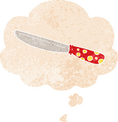 cartoon knife with thought bubble in grunge distressed retro textured style