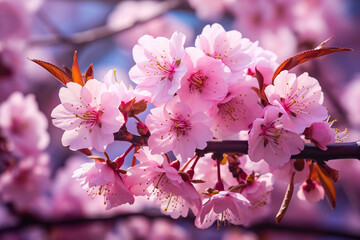 Obraz premium Beautiful pink flowers blooming on the branches of a cherry blossom tree created with Generative Ai