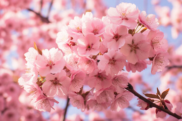 Fototapeta premium Beautiful pink flowers blooming on the branches of a cherry blossom tree created with Generative Ai