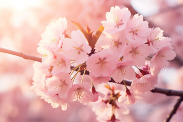Obraz premium Beautiful pink flowers blooming on the branches of a cherry blossom tree created with Generative Ai