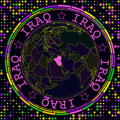 Futuristic Iraq on globe. Bright neon satelite view of the world centered to Iraq. Geographical illustration with shape of country and geometric background. Astonishing vector illustration.