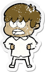 distressed sticker of a worried cartoon boy