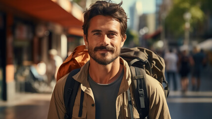 Fototapeta premium Backpacker man walking in city background. Generative ai.