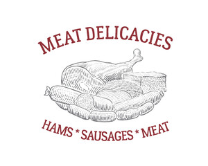 Still life made from sausage, meat, and meat delicacies, drawing in graphic style, as a mockup for a design element for label.