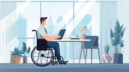Disabled person sitting on wheelchair working at office.