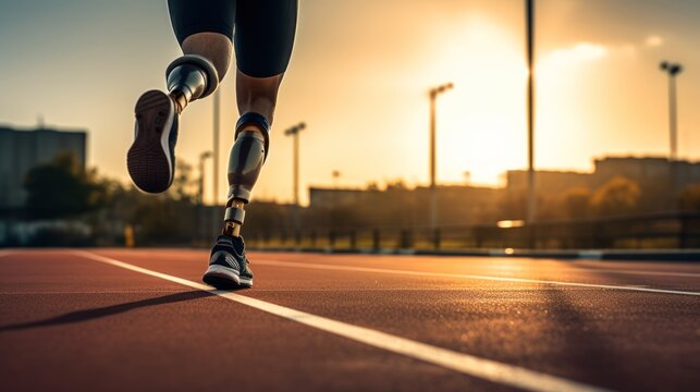 Disabled person with prosthetic leg running at running field
