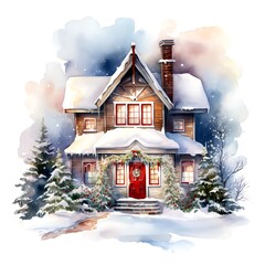 Watercolor Christmas Home. Clipart. AI generated.