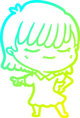 cold gradient line drawing of a cartoon woman