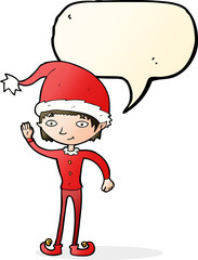 cartoon waving christmas elf with speech bubble