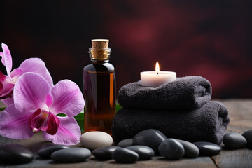 Spa composition with Carnation flower essential oil, zen stones and towels