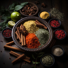 Spices on dark wood, dark and luxury, salon, aerial view, stock photo
