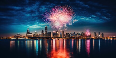 Fototapeta na wymiar Colorful Fireworks over City skyline long exposure with beautiful dark blue sky