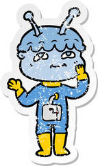 distressed sticker of a surprised cartoon spaceman