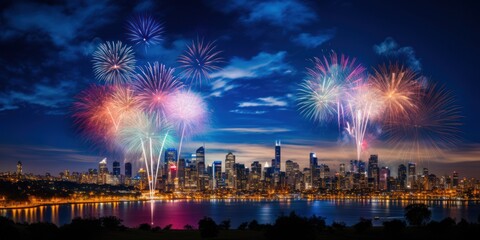 Fototapeta na wymiar Colorful Fireworks over City skyline long exposure with beautiful dark blue sky